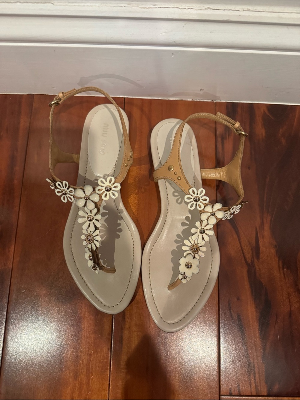 Miu Miu Women’s Floral T-Strap Sandals - Tan and Cream